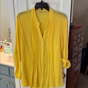 Soft Surroundings Bright Yellow Gauze Eyelet Pintuck Button-Front Blouse SZ L